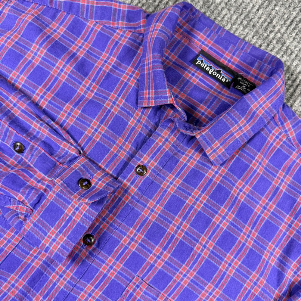 Vintage 90s Patagonia Flannel Shirt Mens M Purple Plaid Made Portugal Cotton